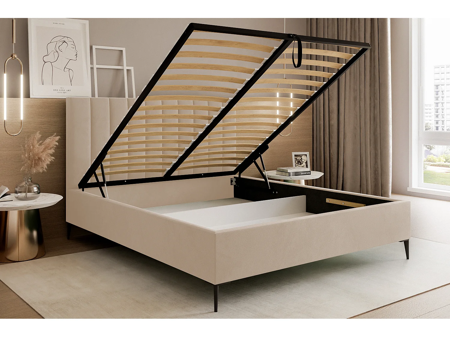 Mona SLIM III in VELUTTO stof, Comfortabel gestoffeerd bed - Ergonomische rugsteun 180x200 cm, Beige