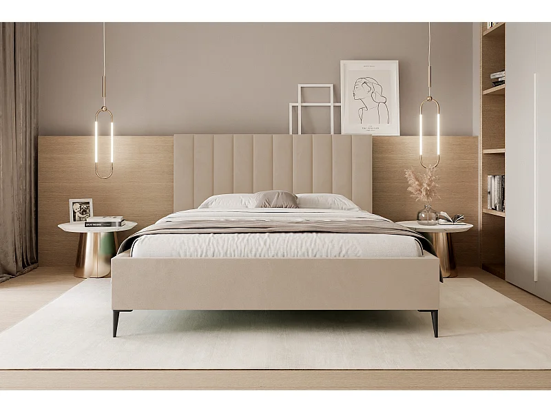 Mona SLIM III en tissu VELUTTO, Lit Tapissé Confortable - Support Dos Ergonomique 180x200 cm, Beige