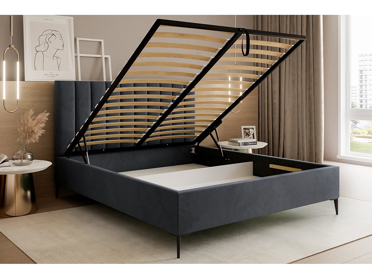 Mona SLIM III in VELUTTO stof, Comfortabel gestoffeerd bed - Ergonomische rugsteun 160x200 cm, grafiet