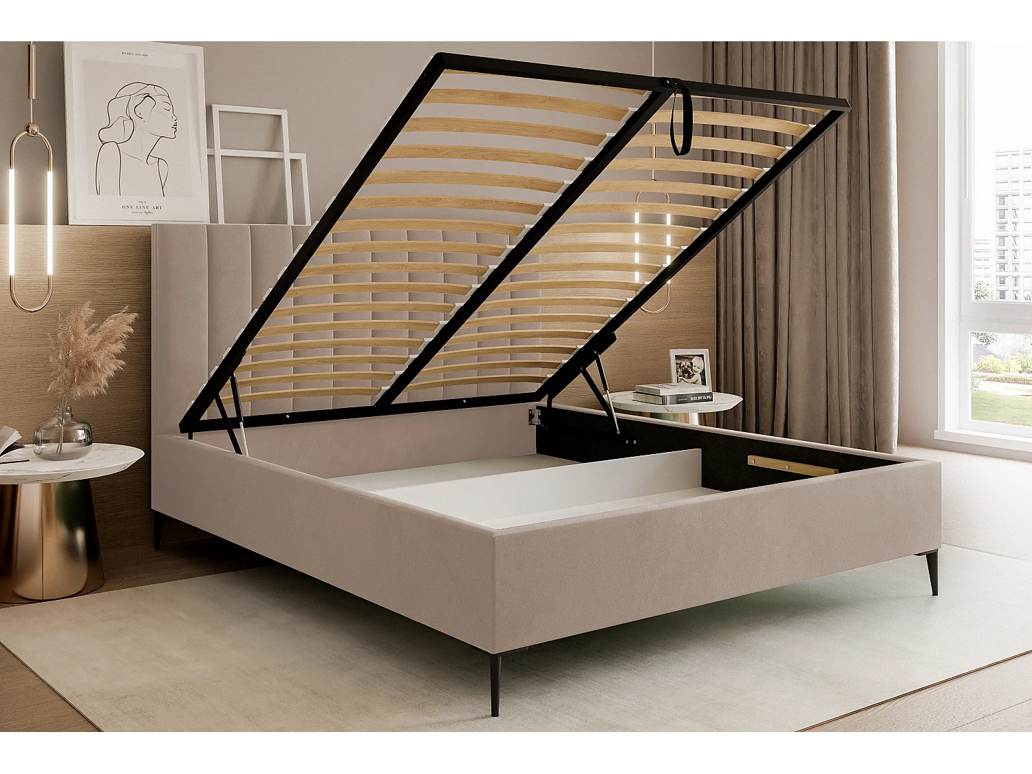 Mona SLIM III Lit rembourré pour votre chambre à coucher en tissu VELUTTO, 160x200 cm Beige