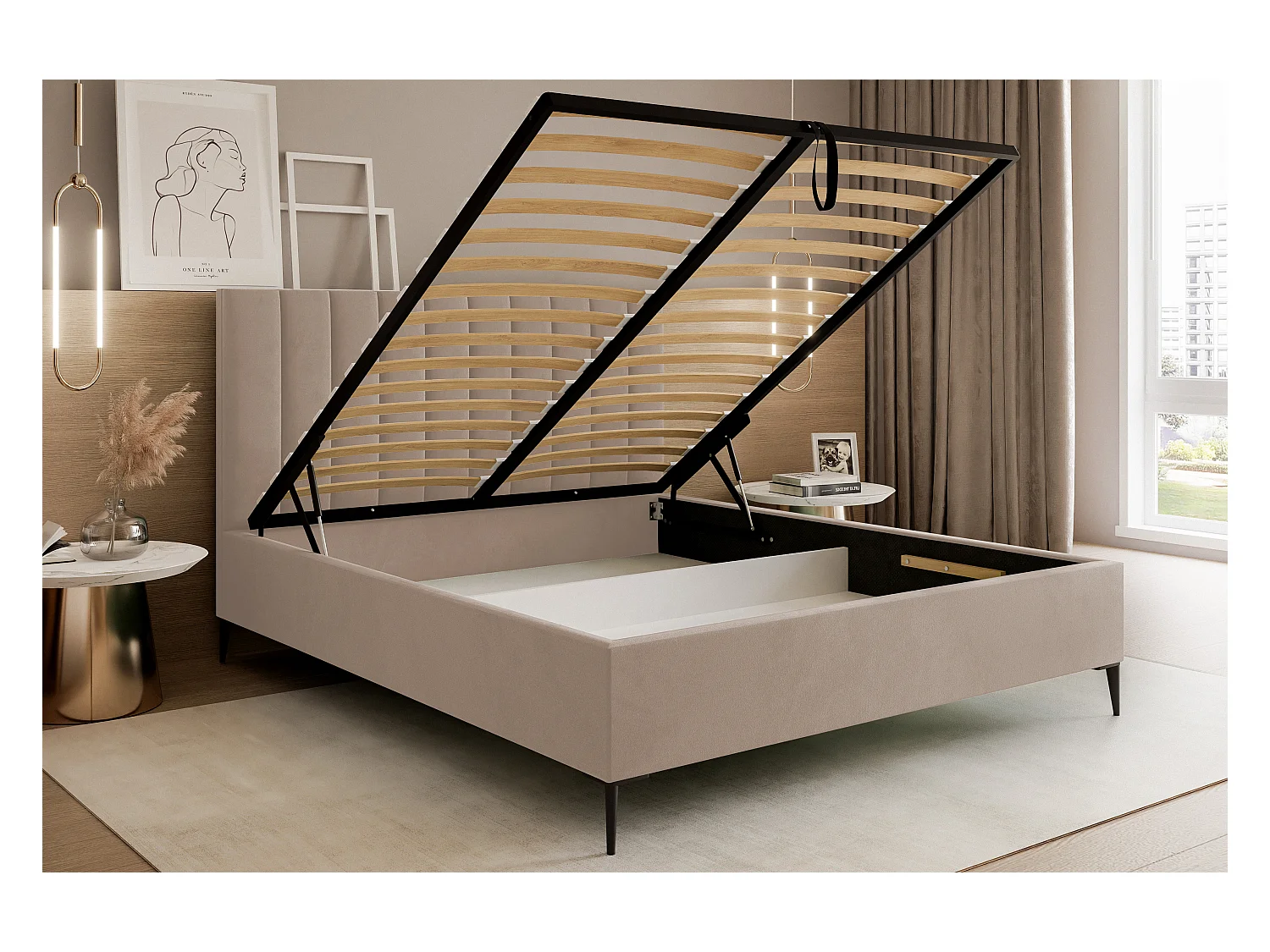 Mona SLIM III Lit rembourré pour votre chambre à coucher en tissu VELUTTO, 180x200 cm Beige