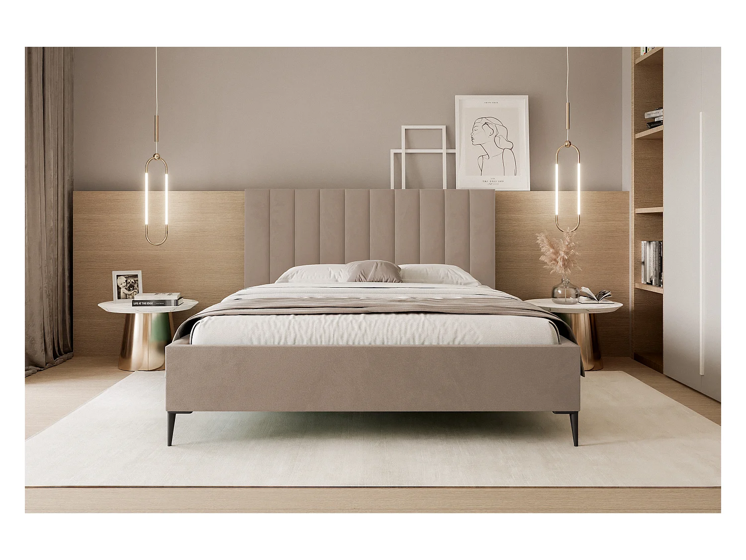 Mona SLIM III Lit rembourré pour votre chambre à coucher en tissu VELUTTO, 180x200 cm Beige