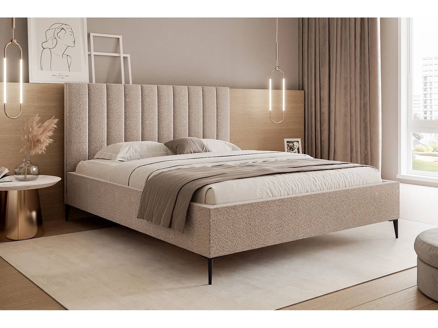Mona SLIM III Lit rembourré pour votre chambre à coucher en tissu VELUTTO, 180x200 cm Beige
