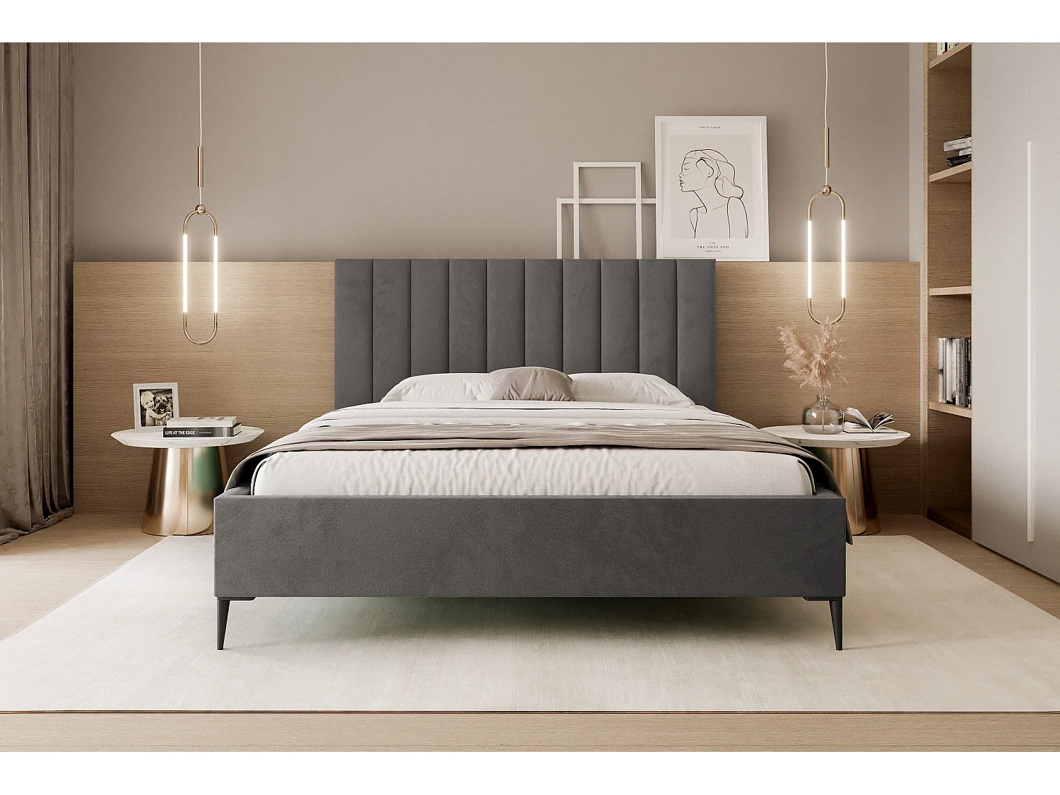 Mona SLIM III w tkaninie VELUTTO, Wygodne łóżko tapicerowane - Ergonomiczne podparcie pleców 180x200 cm, ciemnoszary