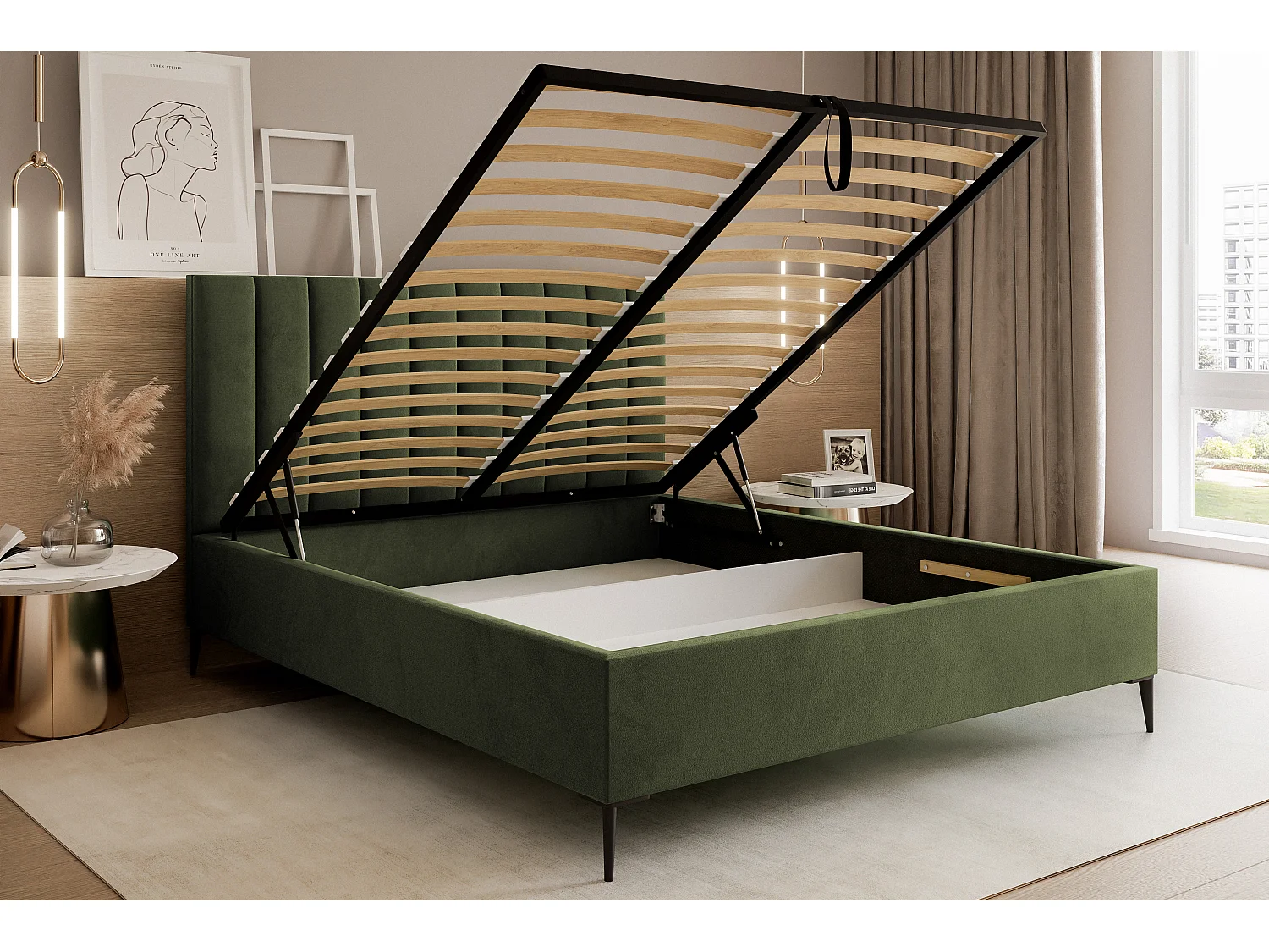 Mona SLIM III in VELUTTO stof, Comfortabel gestoffeerd bed - Ergonomische rugsteun 120x200 cm, Lichtgroen