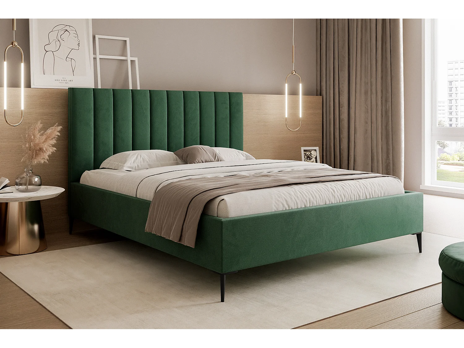 Mona SLIM III in VELUTTO stof, Comfortabel gestoffeerd bed - Ergonomische rugsteun 160x200 cm, Groen