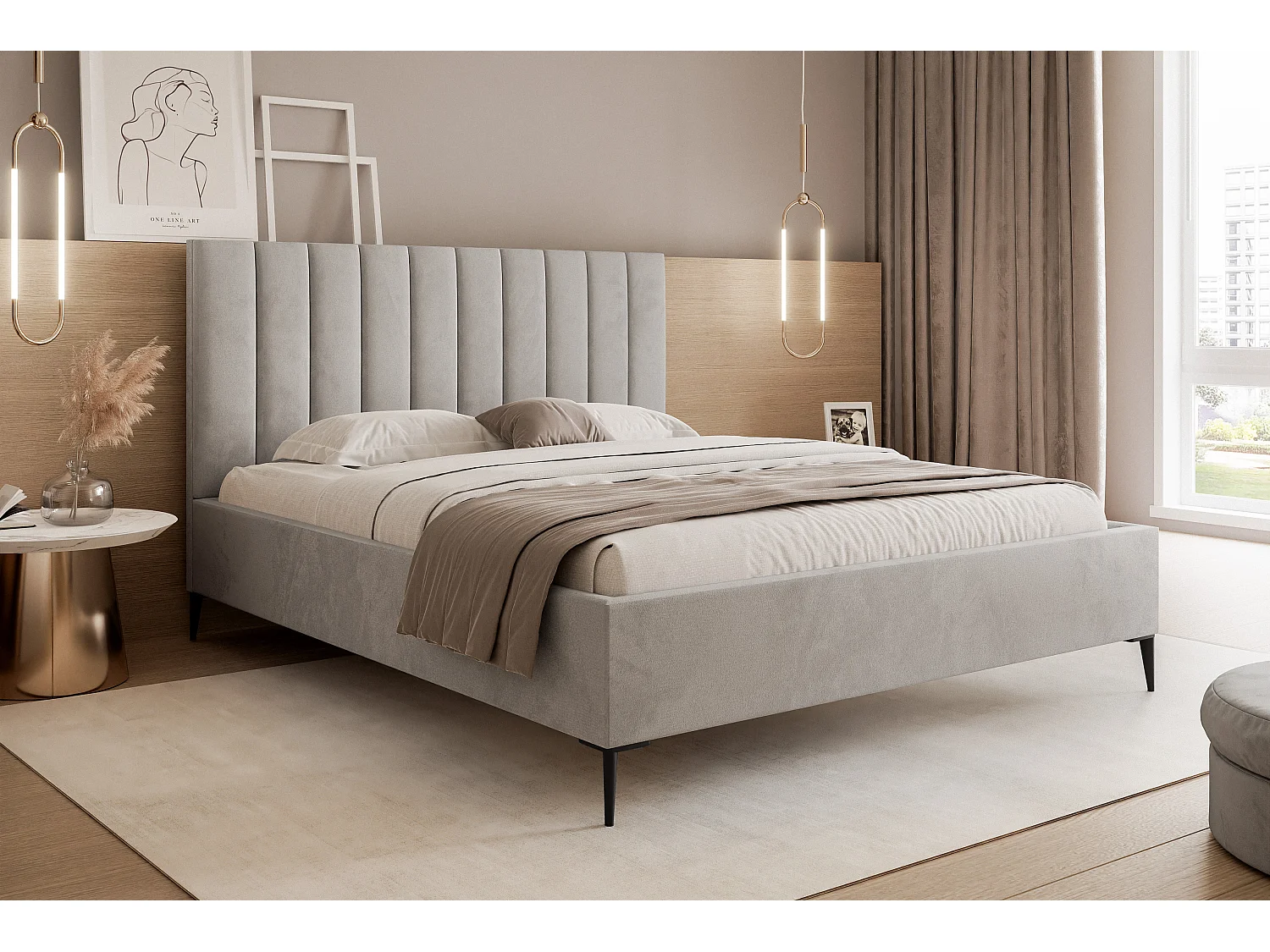 Mona SLIM III en tissu VELUTTO, Lit rembourré confortable - Support dorsal ergonomique 180x200 cm, Gris clair