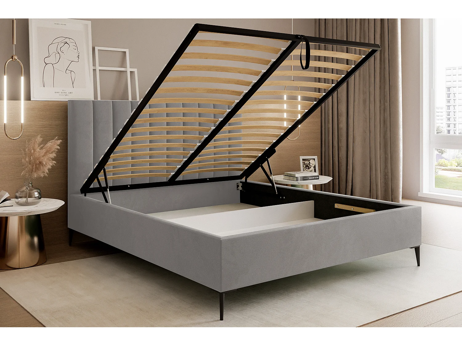 Mona SLIM III Lit rembourré pour votre chambre à coucher en tissu VELUTTO, 140x200 cm Gris