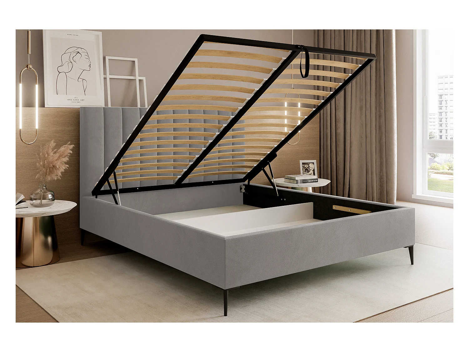 Mona SLIM III Lit rembourré pour votre chambre à coucher en tissu VELUTTO, 140x200 cm Gris