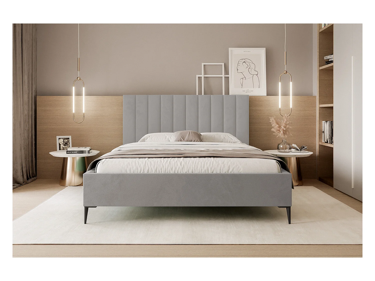 Mona SLIM III Lit rembourré pour votre chambre à coucher en tissu VELUTTO, 140x200 cm Gris