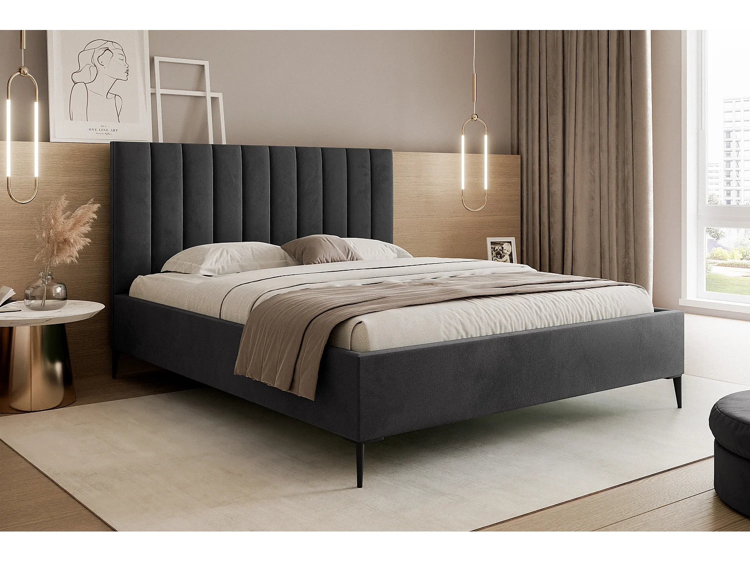 Mona SLIM III en tissu VELUTTO, Lit Tapissé Confortable - Support Dos Ergonomique 180x200 cm, Graphite