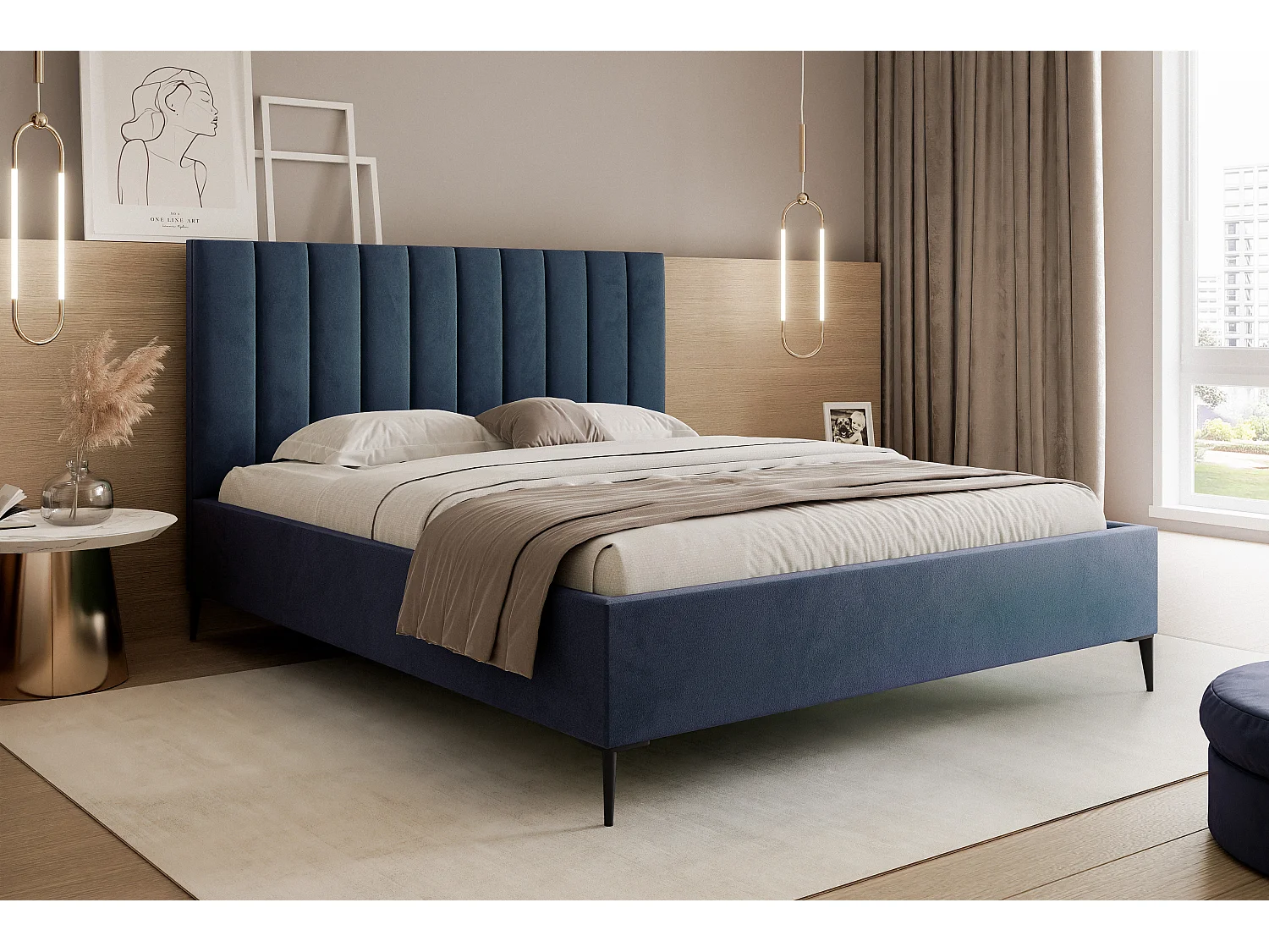 Mona SLIM III en tissu VELUTTO, Lit Tapissé Confortable - Soutien Dorsal Ergonomique 200x200 cm, Bleu