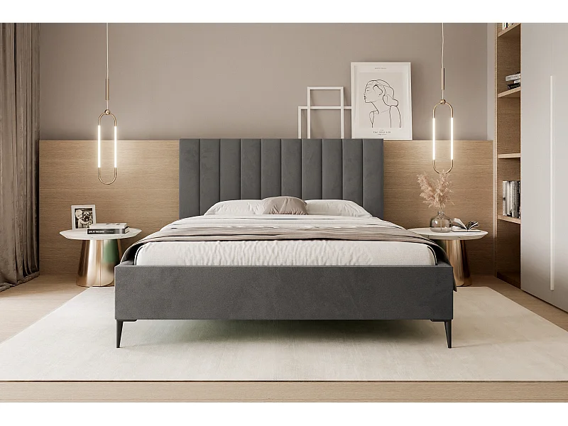 Mona SLIM III w tkaninie VELUTTO, Wygodne łóżko tapicerowane - Ergonomiczne podparcie pleców 200x200 cm, ciemnoszary