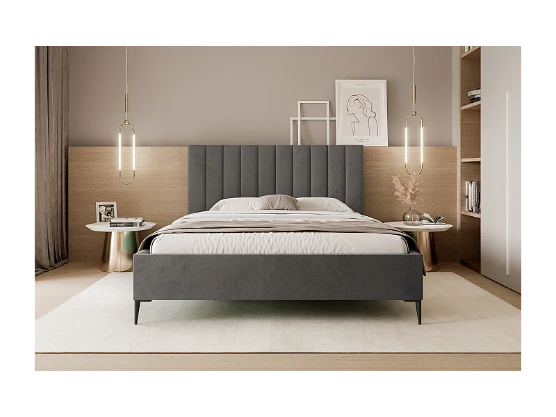 Mona SLIM III aus VELUTTO-Stoff, Komfortables Polsterbett - Ergonomische Rückenstütze 140x200 cm, Dunkelgrau