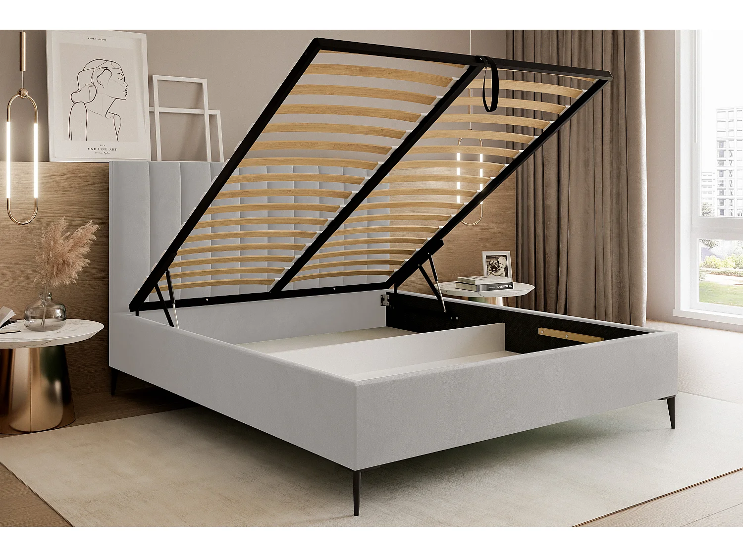 Mona SLIM III in VELUTTO stof, Comfortabel gestoffeerd bed - Ergonomische rugsteun 140x200 cm, Lichtgrijs