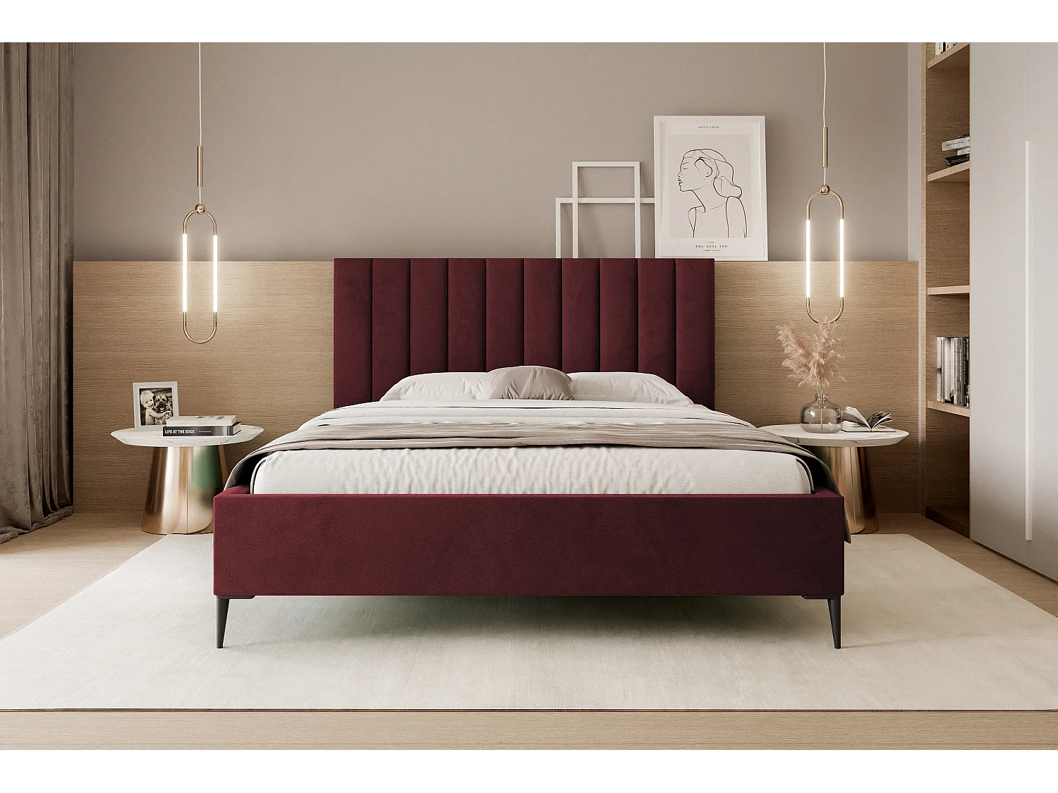 Mona SLIM III in VELUTTO stof, Comfortabel gestoffeerd bed - Ergonomische rugsteun 140x200 cm, Bourgondië