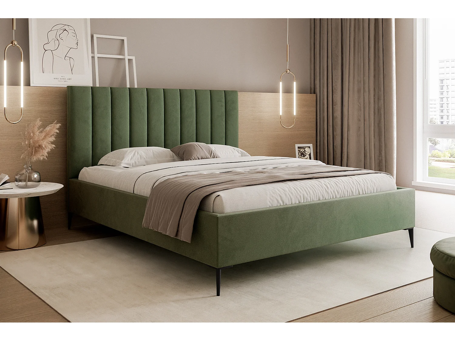 Mona SLIM III en tissu VELUTTO, Lit Tapissé Confortable - Soutien Dorsal Ergonomique 200x200 cm, Vert Clair