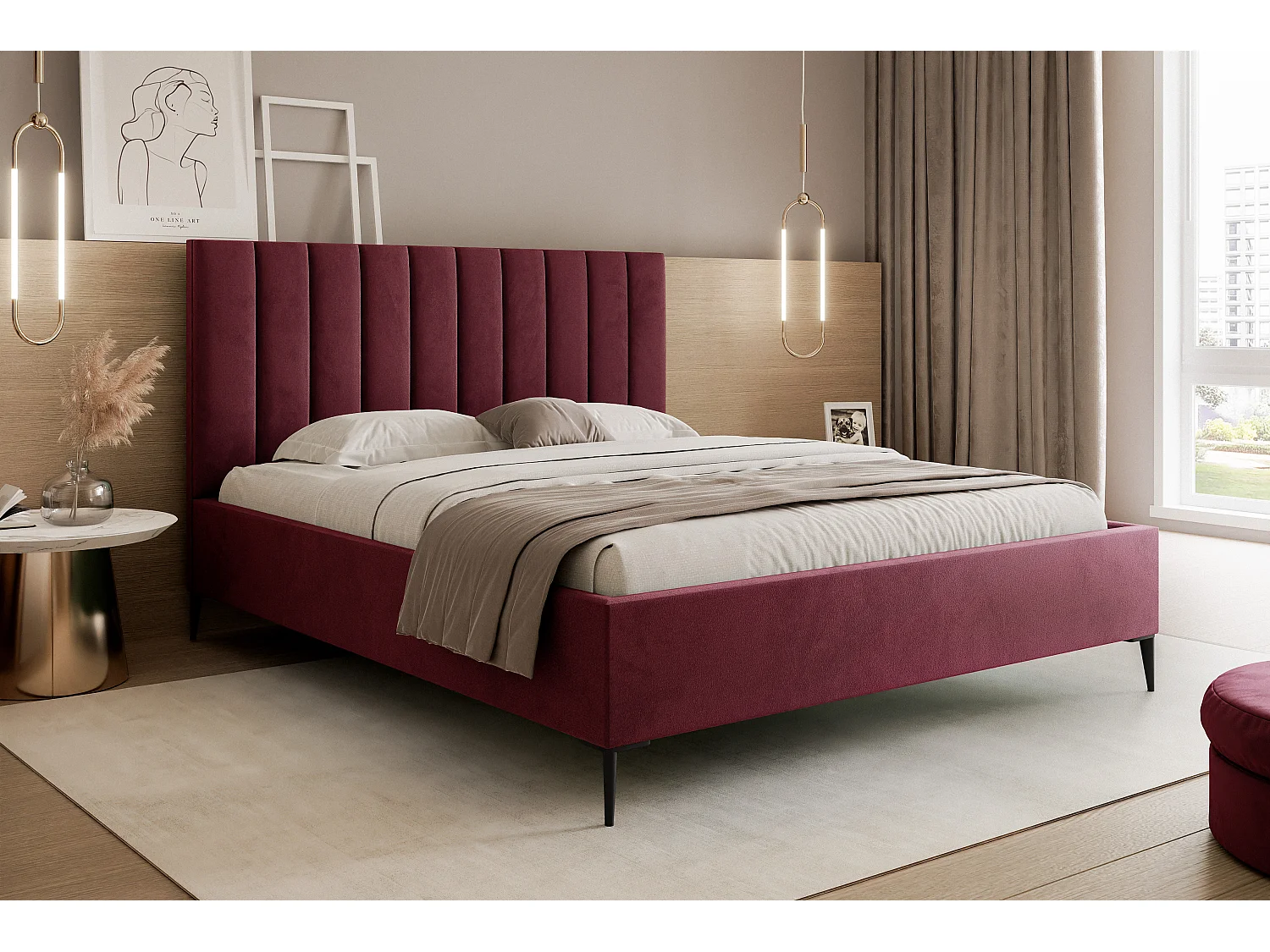 Mona SLIM III en tissu VELUTTO, Lit Tapissé Confortable - Soutien Dorsal Ergonomique 200x200 cm, Bourgogne