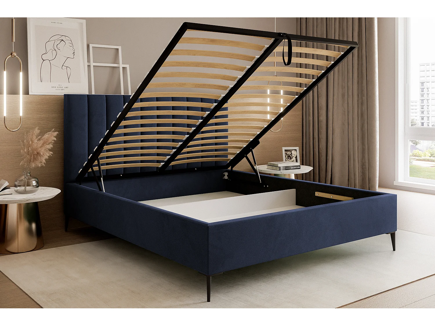 Mona SLIM III in VELUTTO stof, Comfortabel gestoffeerd bed - Ergonomische rugsteun 140x200 cm, Blauw