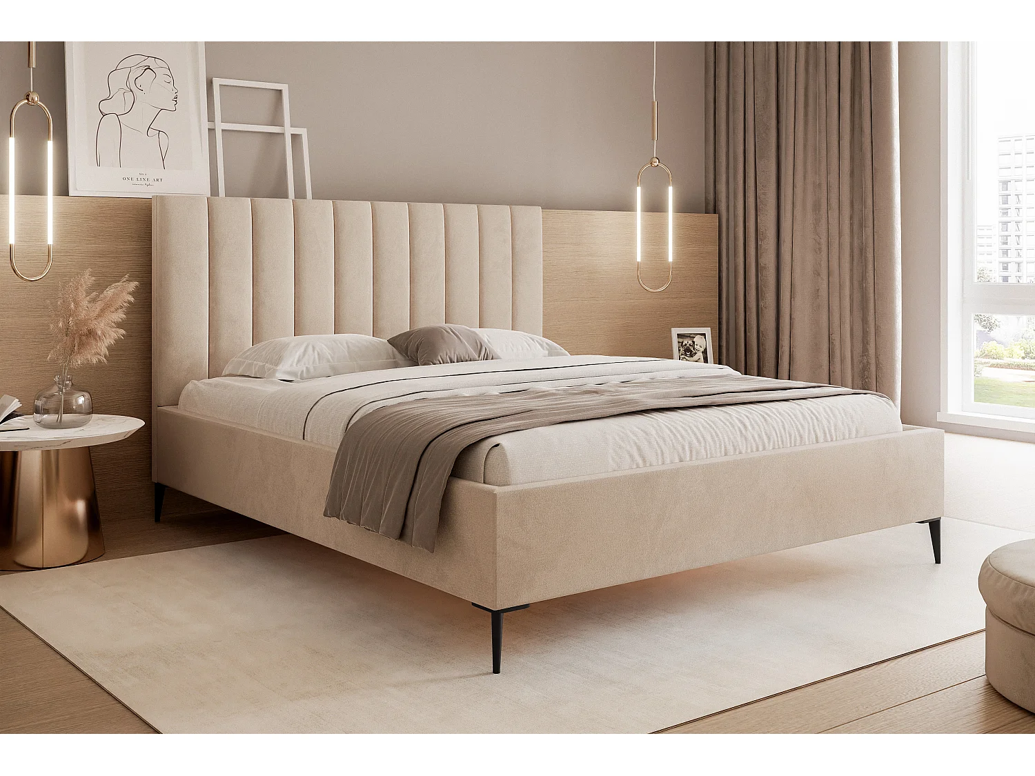 Mona SLIM III w tkaninie VELUTTO, wygodne łóżko tapicerowane - ergonomiczne podparcie pleców 140x200 cm, beżowy