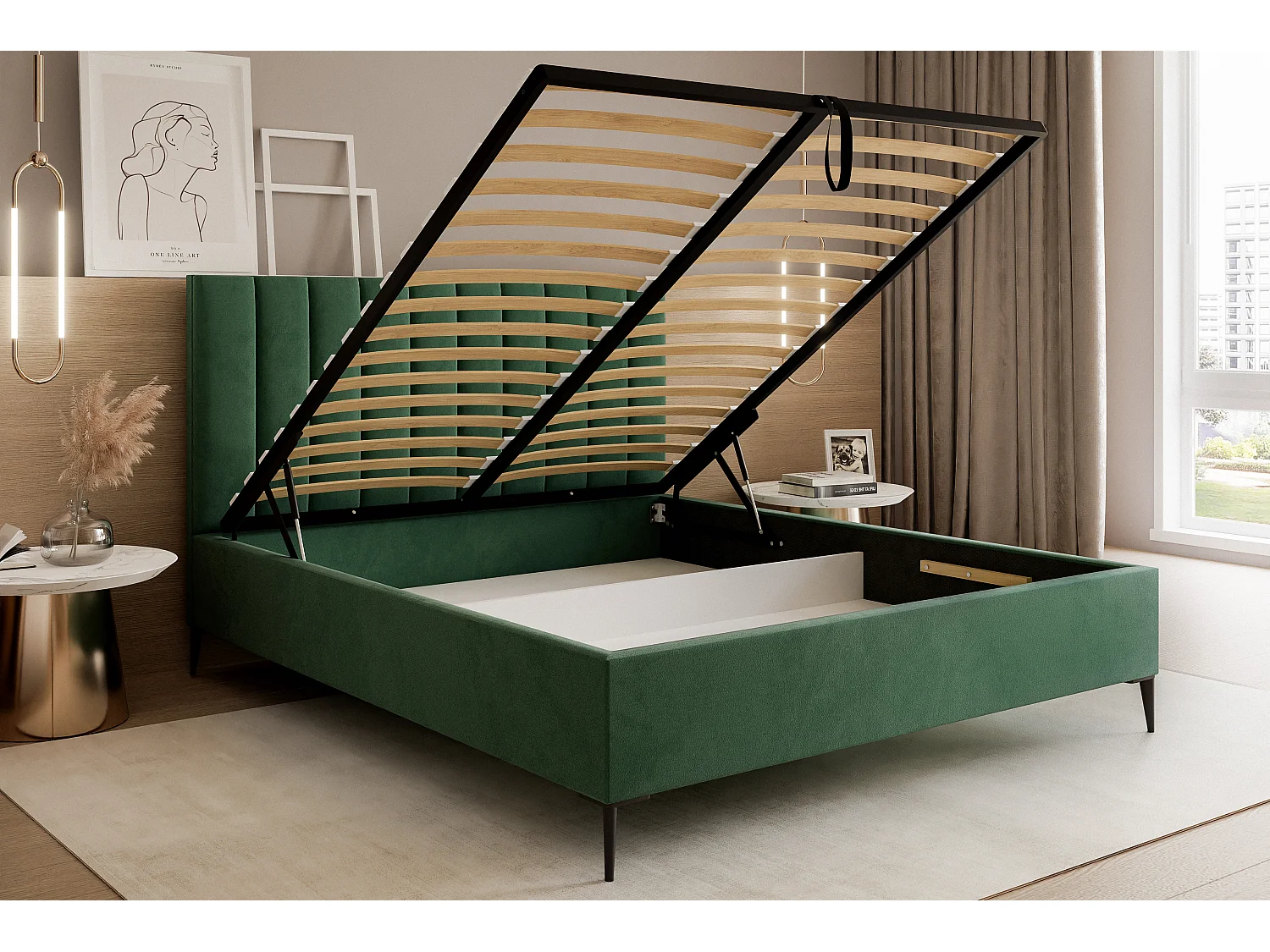 Mona SLIM III in VELUTTO stof, Comfortabel gestoffeerd bed - Ergonomische rugsteun 140x200 cm, Groen