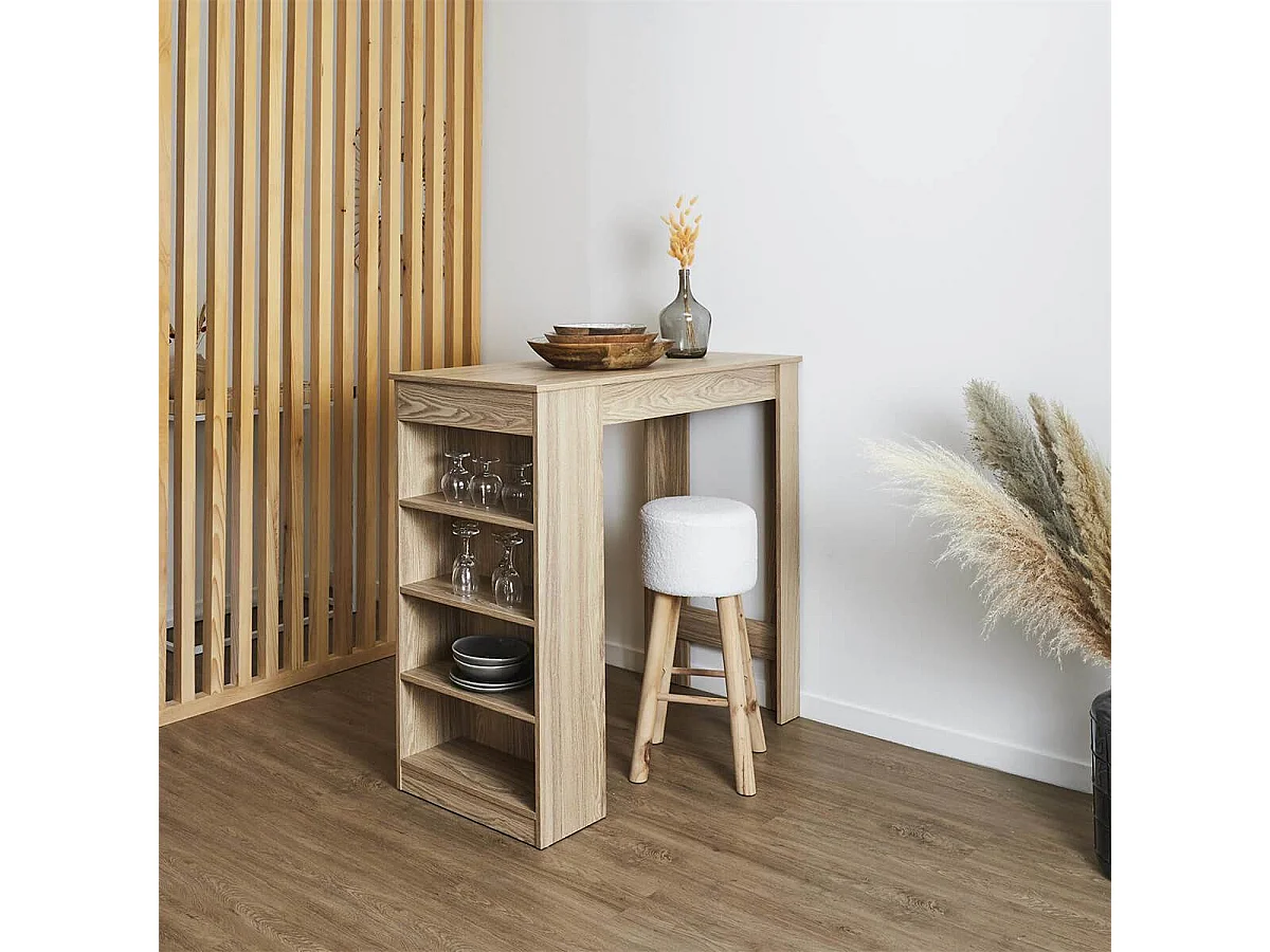 KANPE - Table de Bar Mange-Debout avec Etagères Aspect Bois