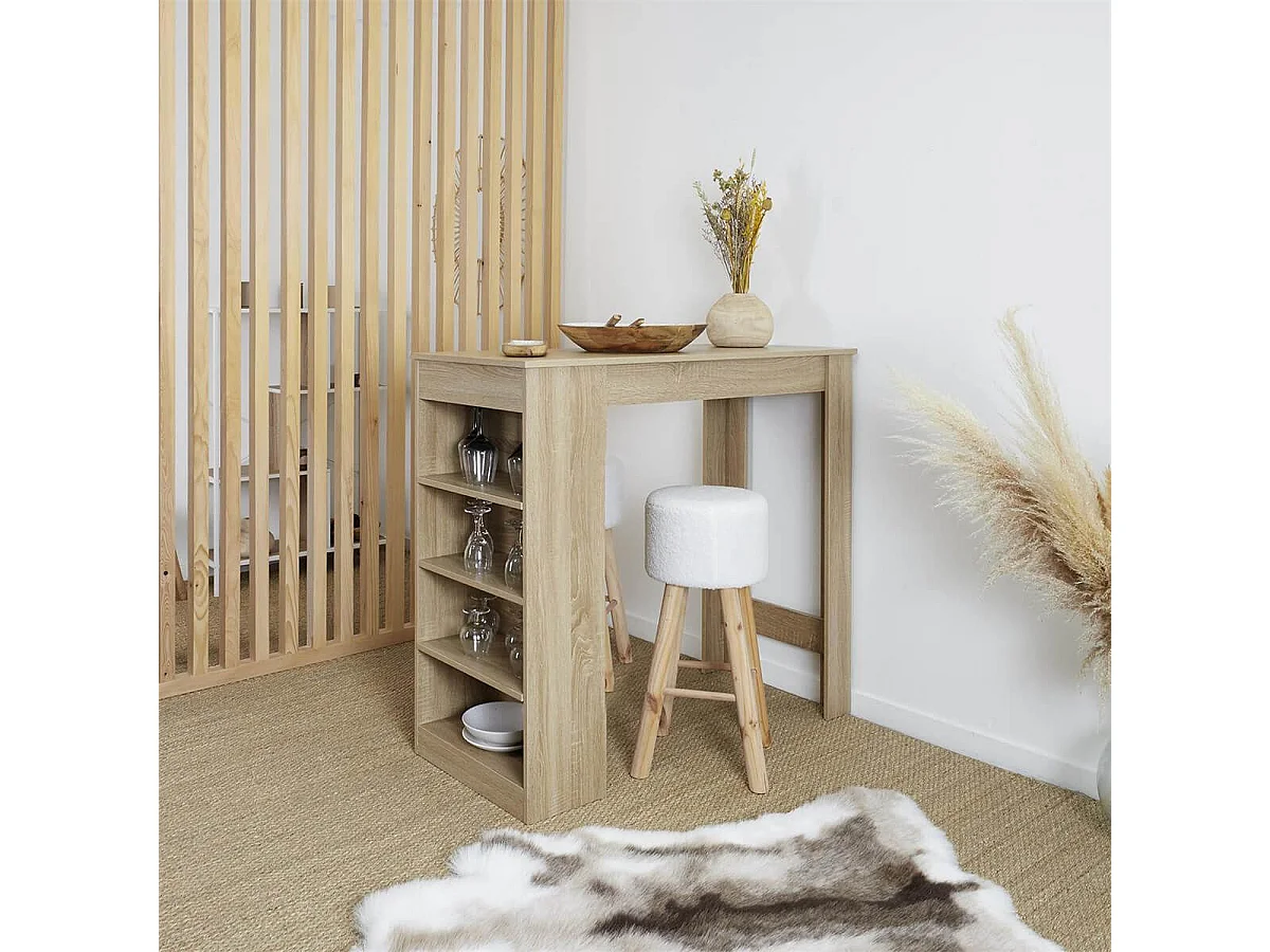 KANPE - Table de Bar Mange-Debout avec Etagères Aspect Bois