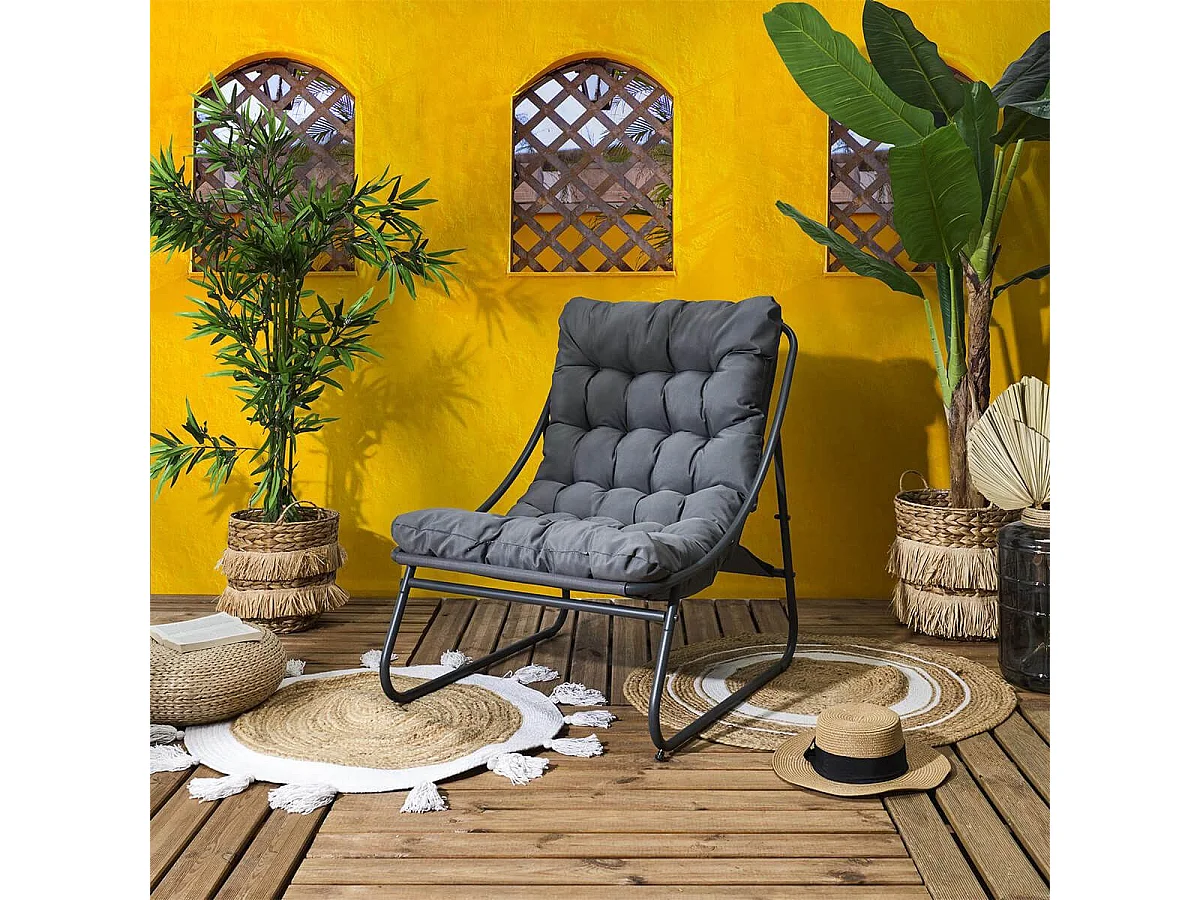 DOLCI - Fauteuil de Jardin en Métal et Textilène Gris avec Coussin