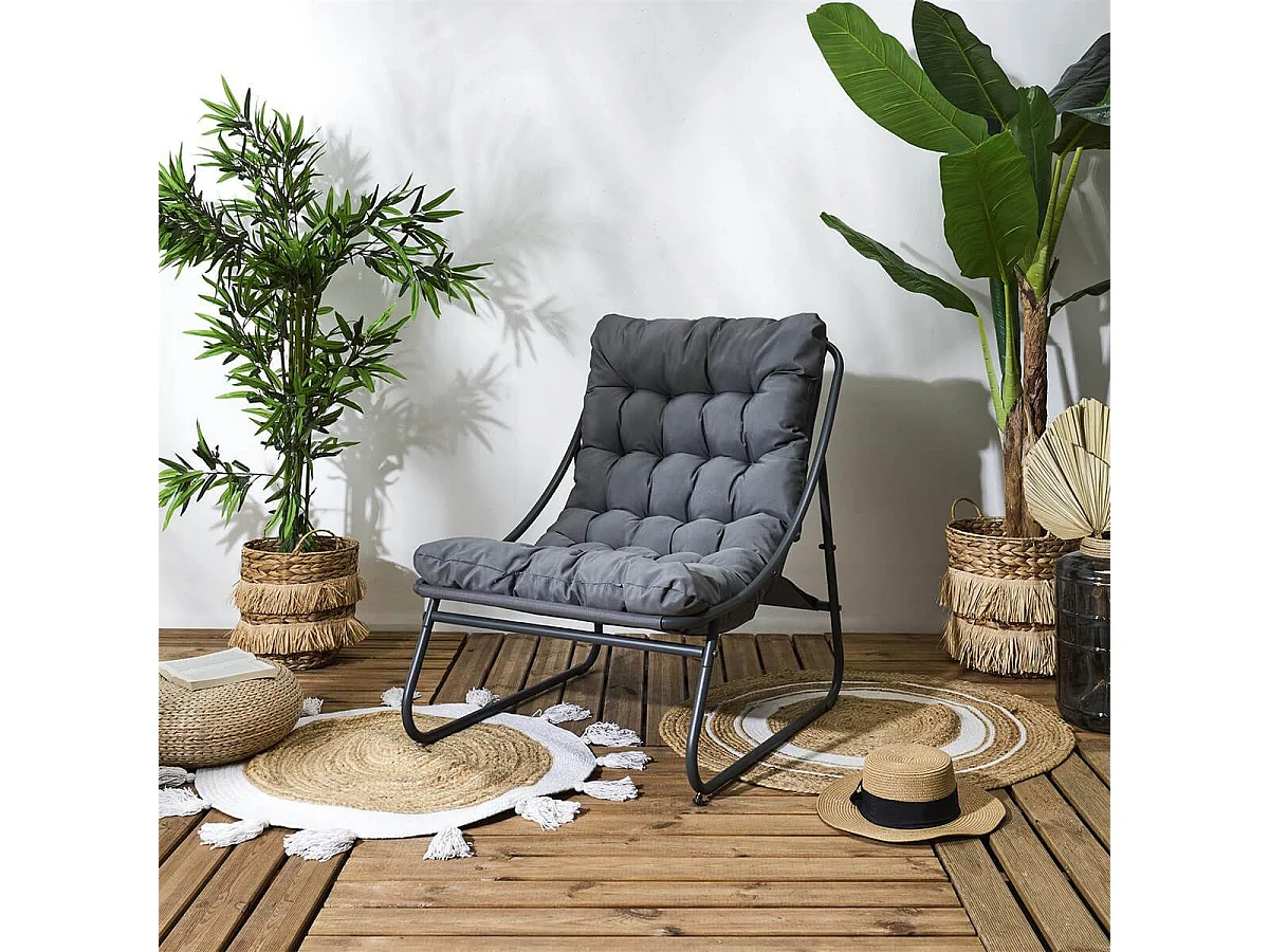 DOLCI - Fauteuil de Jardin en Métal et Textilène Gris avec Coussin