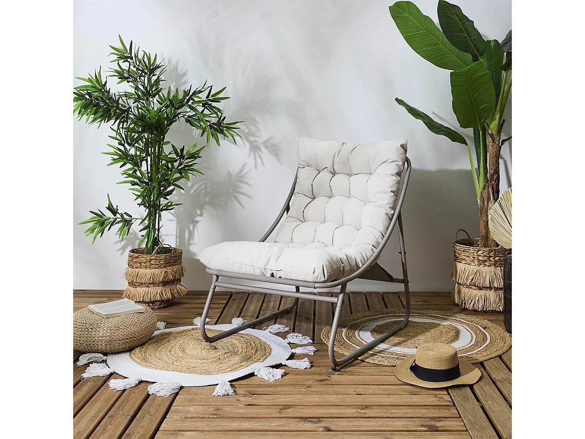 DOLCI - Fauteuil de Jardin en Métal et Textilène Beige avec Coussin
