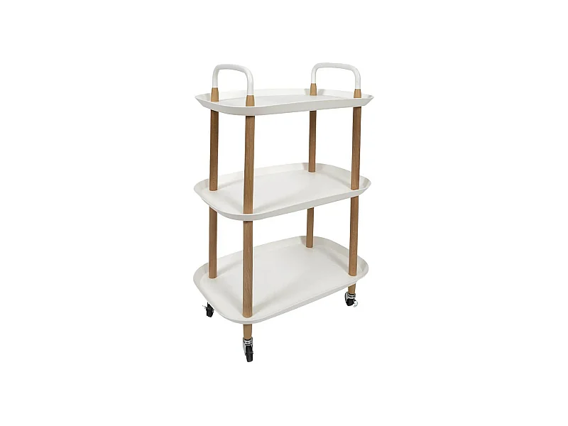 KALIO - Desserte sur roulettes en Métal imitation bois et Plateaux en Plastique Blancs