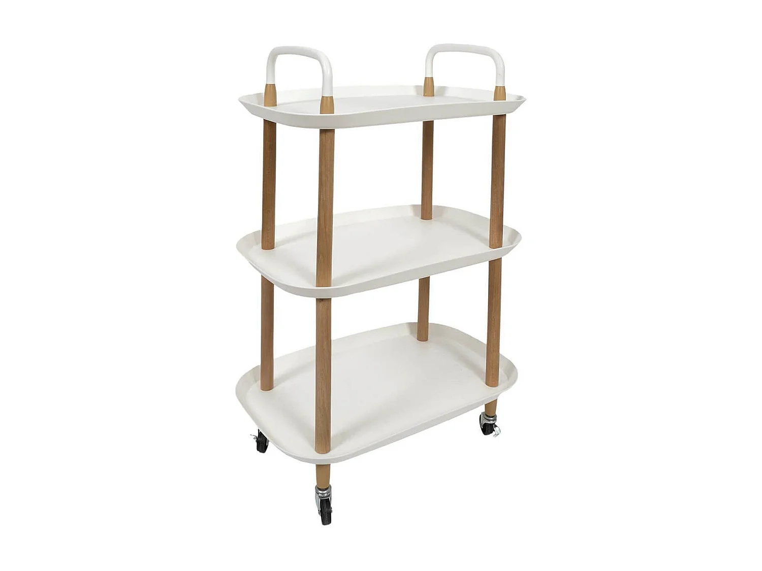 KALIO - Desserte sur roulettes en Métal imitation bois et Plateaux en Plastique Blancs