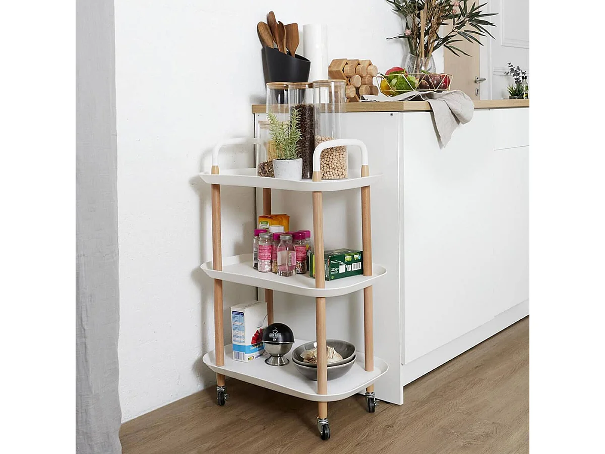 KALIO - Desserte sur roulettes en Métal imitation bois et Plateaux en Plastique Blancs