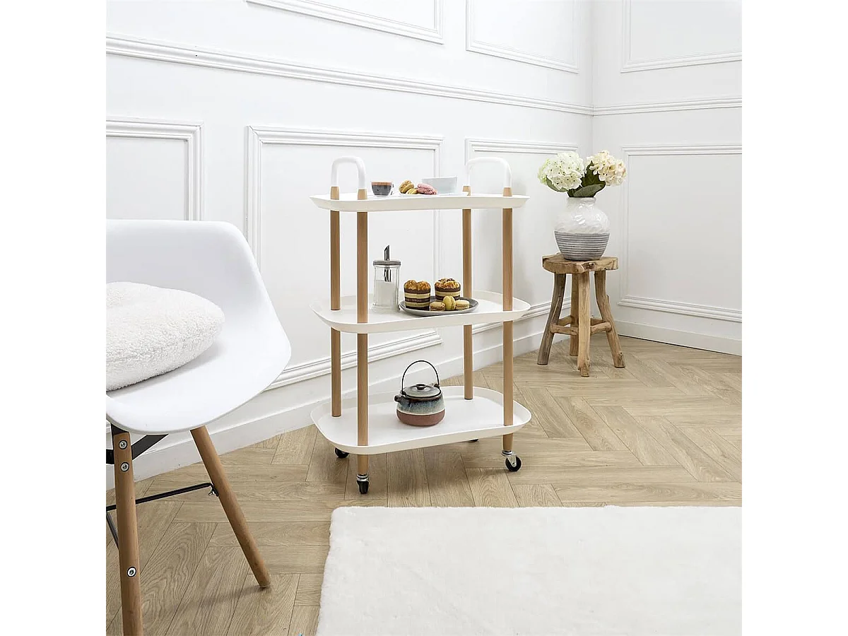 KALIO - Desserte sur roulettes en Métal imitation bois et Plateaux en Plastique Blancs