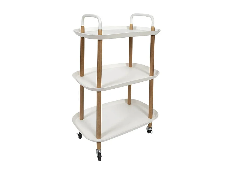 KALIO - Desserte sur roulettes en Métal imitation bois et Plateaux en Plastique Blancs