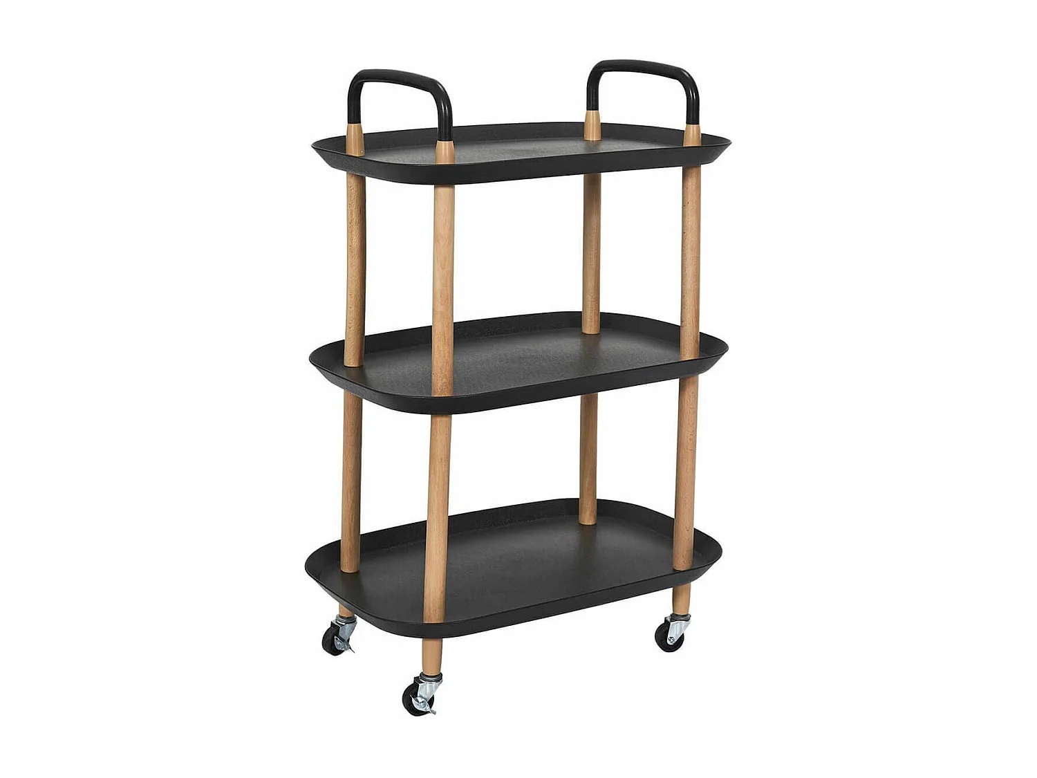 KALIO - Desserte sur roulettes en Métal imitation bois et Plateaux en Plastique Noirs