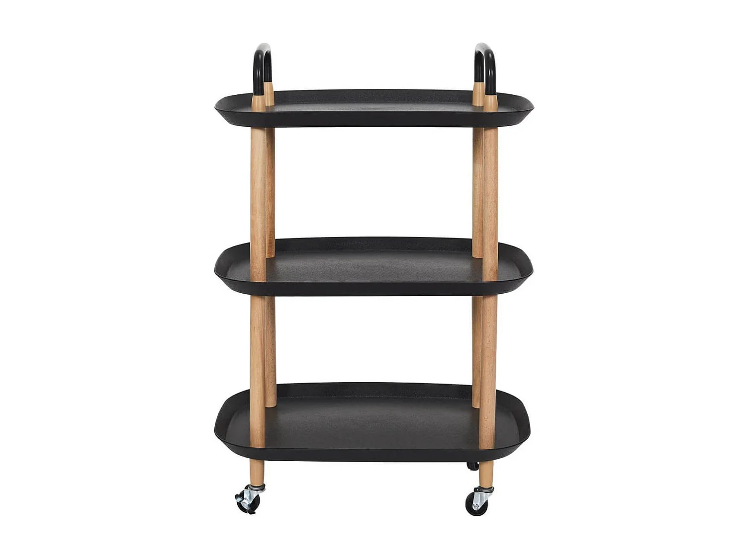 KALIO - Desserte sur roulettes en Métal imitation bois et Plateaux en Plastique Noirs