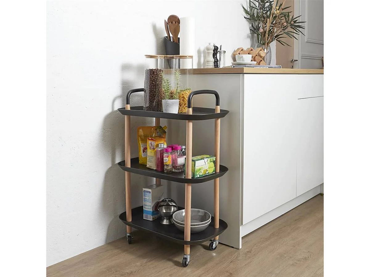 KALIO - Desserte sur roulettes en Métal imitation bois et Plateaux en Plastique Noirs