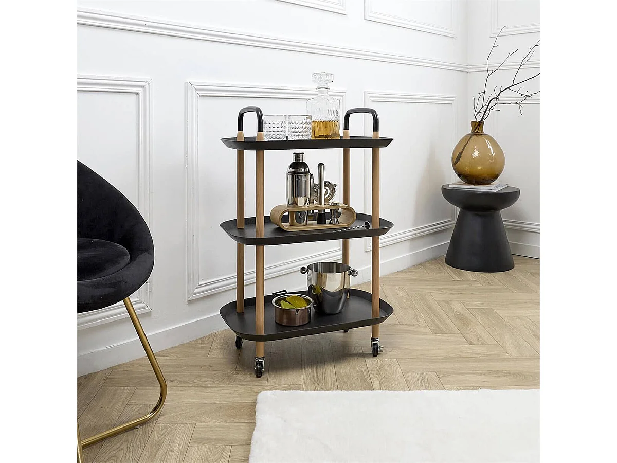 KALIO - Desserte sur roulettes en Métal imitation bois et Plateaux en Plastique Noirs