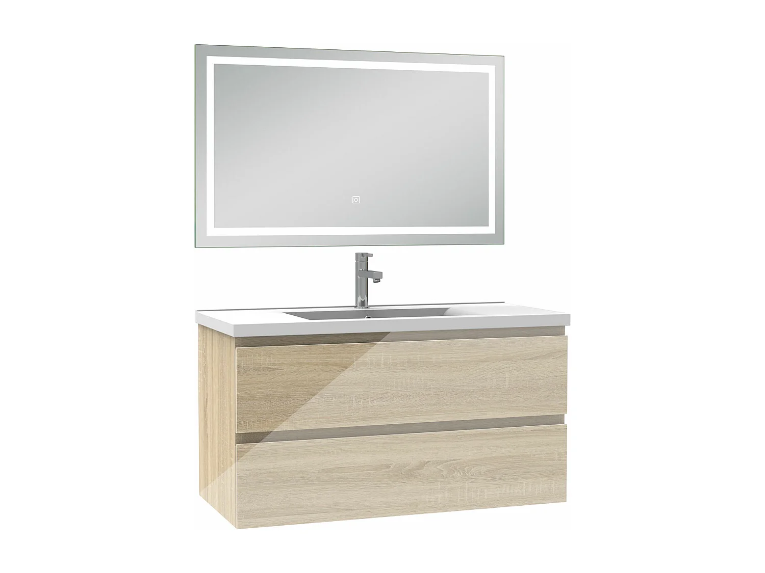 AICA Ensemble meubles salle de bains chêne 100cm,lavabo+miroir LED antibuée,3 couleurs dimmable+mémoire