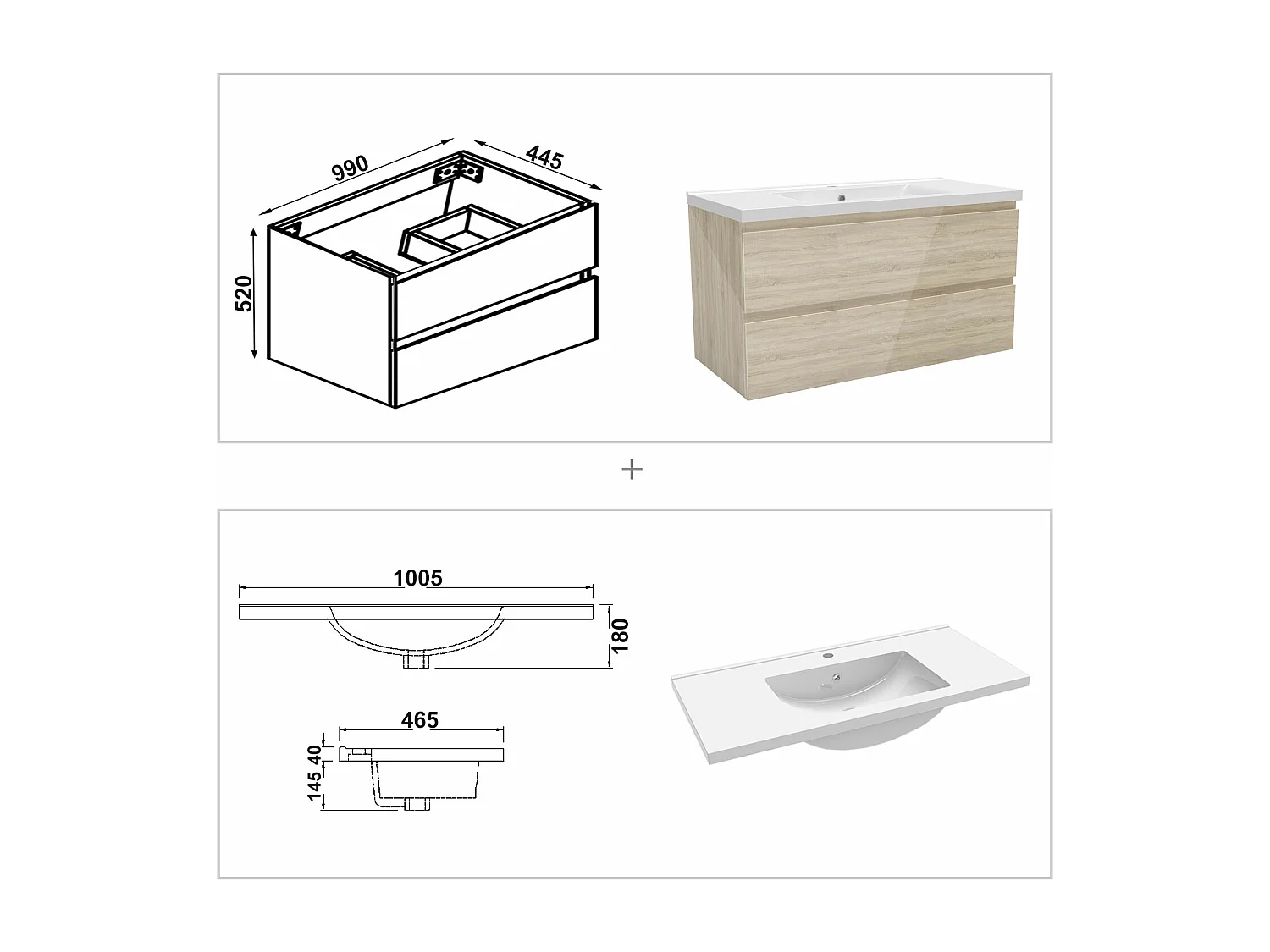 AICA Ensemble meubles salle de bains chêne 100cm,lavabo+miroir LED antibuée,3 couleurs dimmable+mémoire