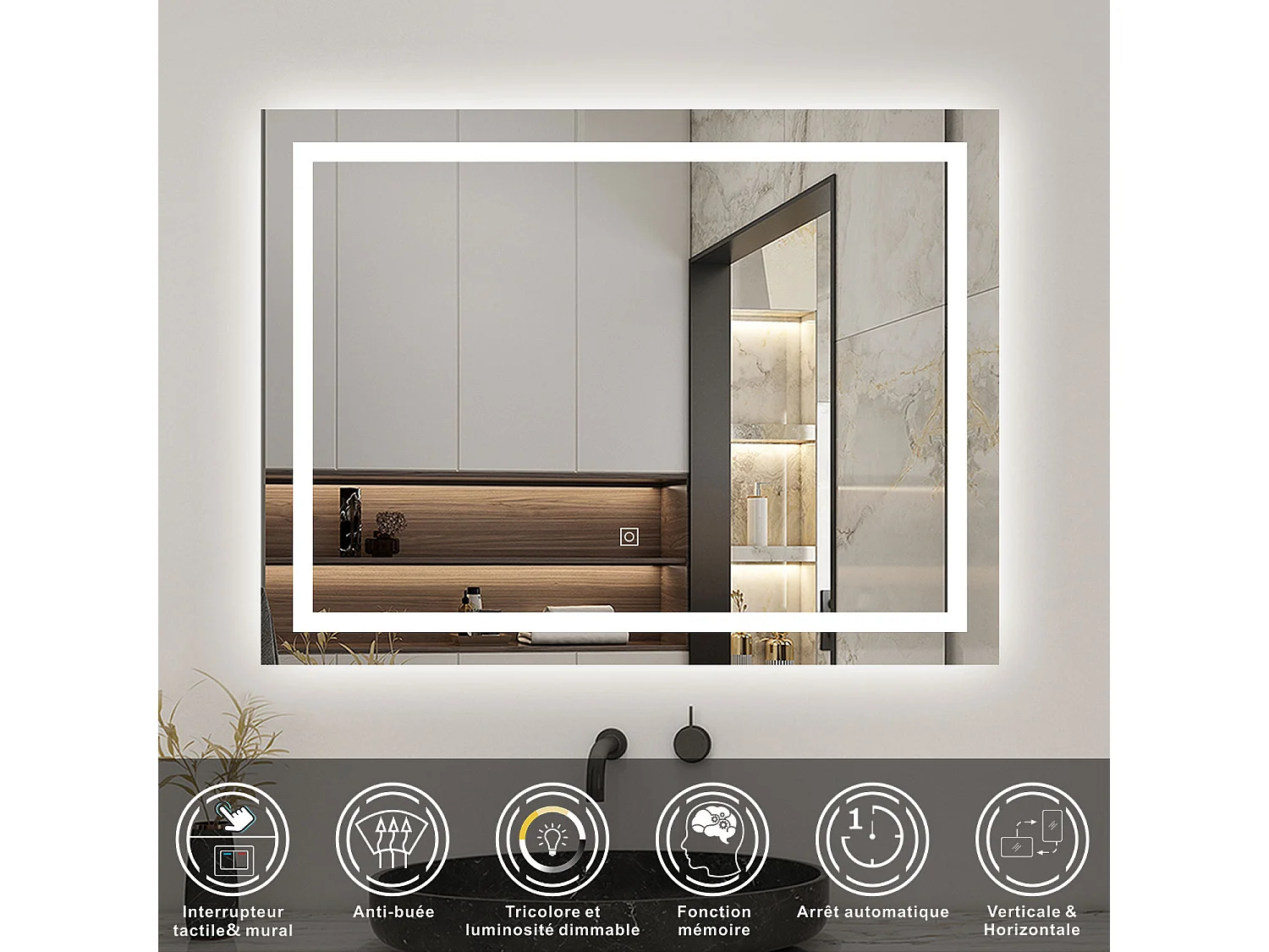 AICA Ensemble meubles salle de bains chêne 100cm,lavabo+miroir LED antibuée,3 couleurs dimmable+mémoire