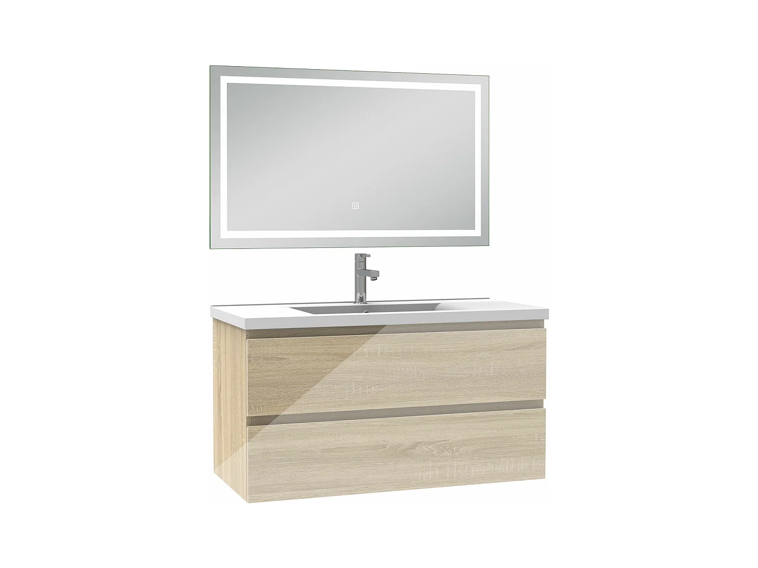 AICA Ensemble meubles salle de bains chêne 100cm,lavabo+miroir LED antibuée,3 couleurs dimmable+mémoire