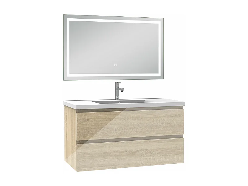 AICA Ensemble meubles salle de bains chêne 100cm,lavabo+miroir LED antibuée,3 couleurs dimmable+mémoire