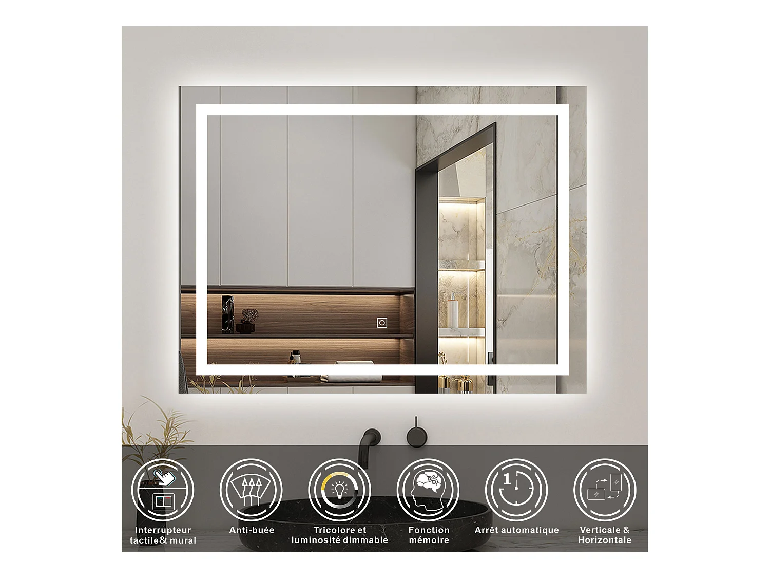 AICA Ensemble meubles salle de bains 80cm chêne avec vasque+miroir LED antibuée,3 couleurs dimmable+mémoire