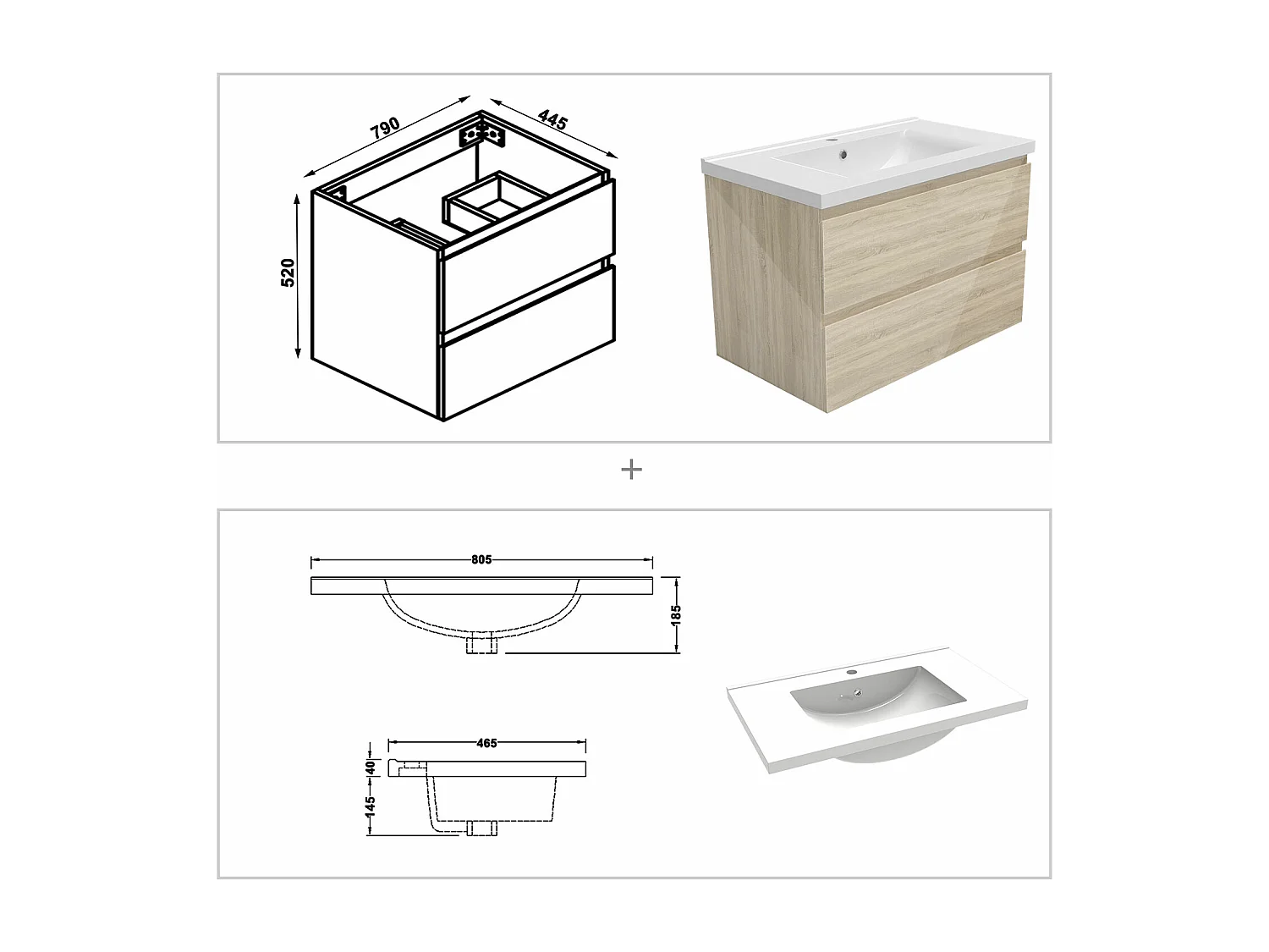 AICA Ensemble meubles salle de bains 80cm chêne avec vasque+miroir LED antibuée,3 couleurs dimmable+mémoire