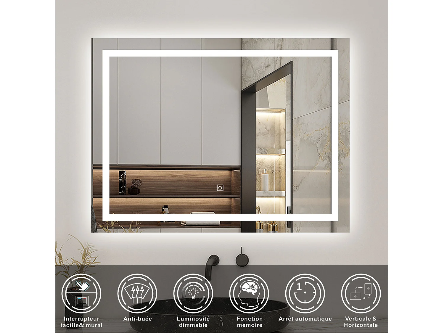 AICA Ensemble meubles salle de bain 80cm chêne avec vasque+miroir LED anti-buée,dimmable et mémoire