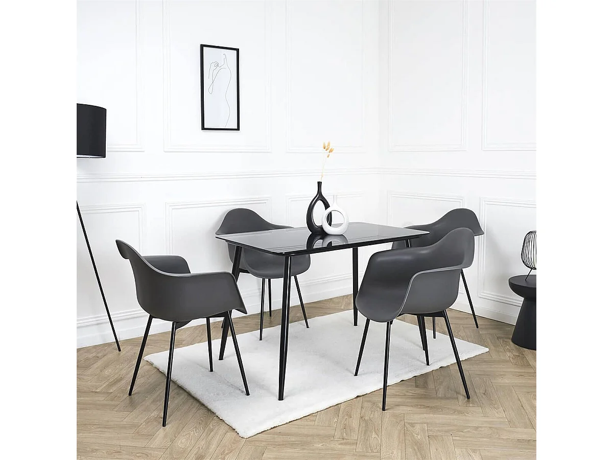 OMER - Lot de 4 Chaises Coque Accoudoirs Grises Piètement Métal