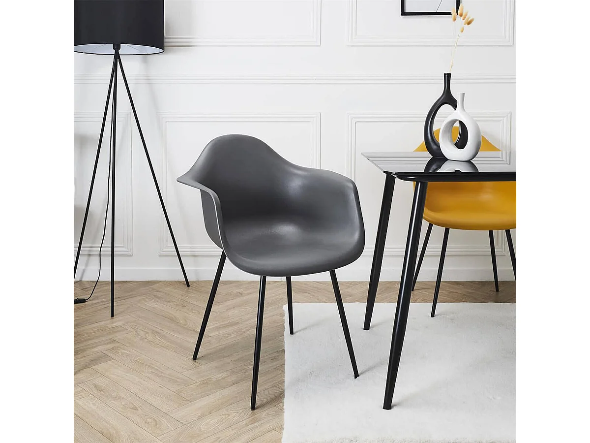 OMER - Lot de 4 Chaises Coque Accoudoirs Grises Piètement Métal