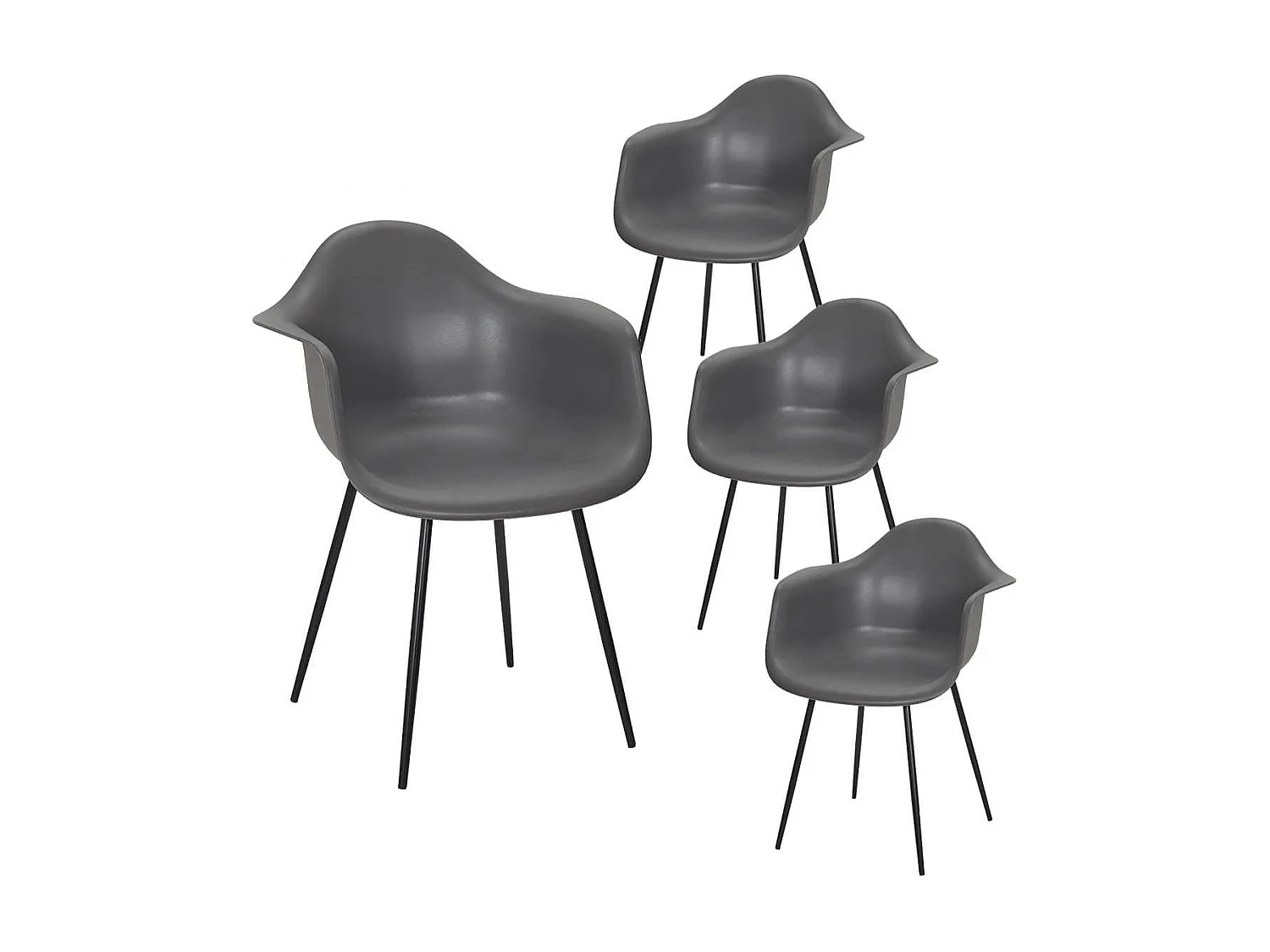 OMER - Lot de 4 Chaises Coque Accoudoirs Grises Piètement Métal